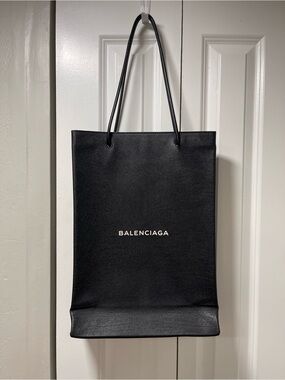 Balenciaga Black Leather Shopping Tote Bag with Logo